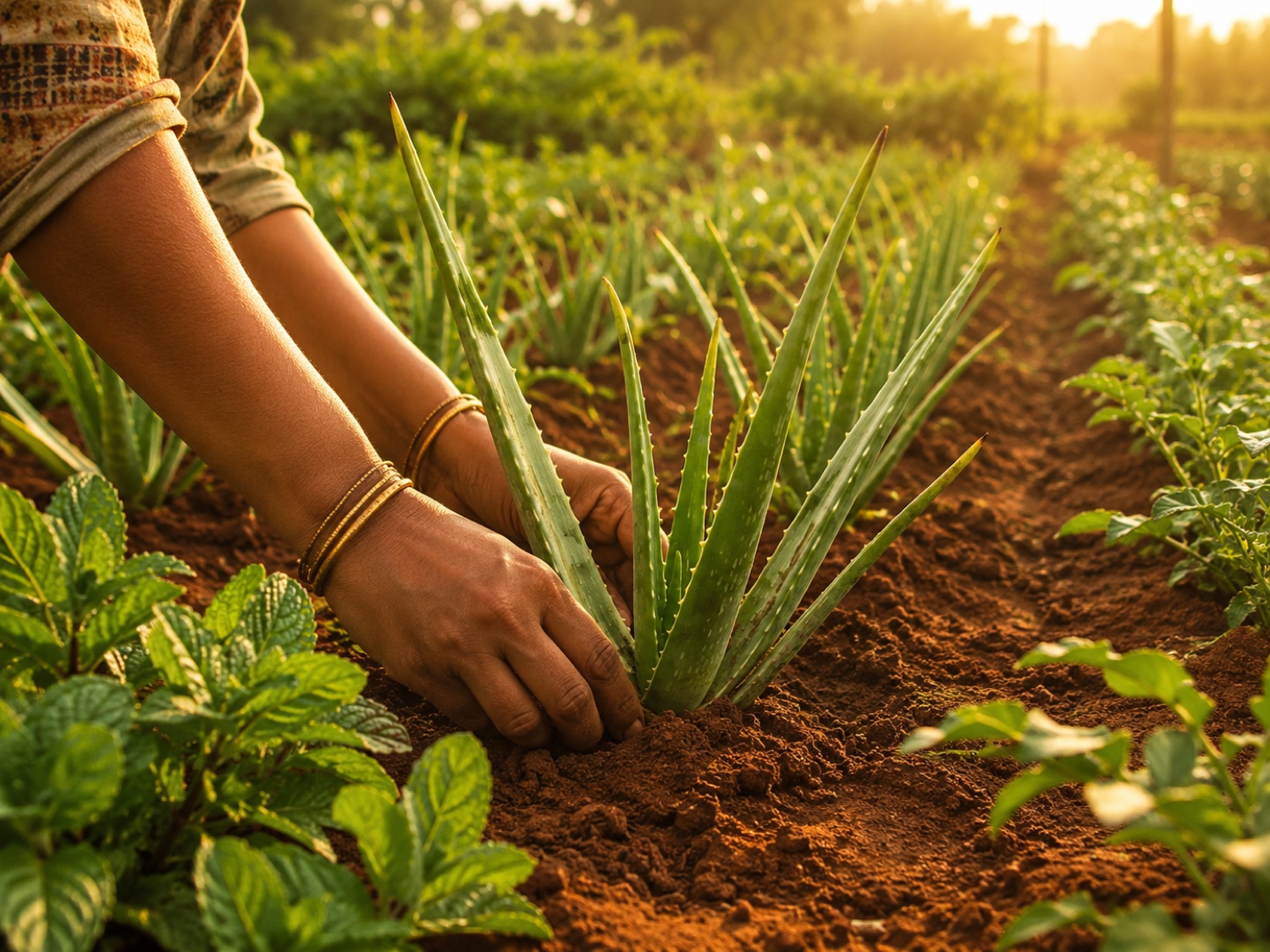 Harvesting aloe vera by hand on the family farm at golden hour